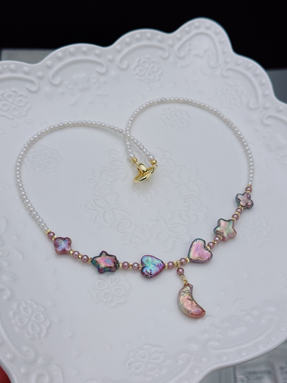 RL043 Handmade Premium Quality Freshwater Baroque Necklace Moon&Star 18” - Picture 7 of 16